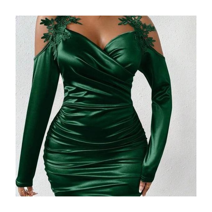 Summer Casual Party Dress With Shoulder Applique Design - Emerald Green - Large Size